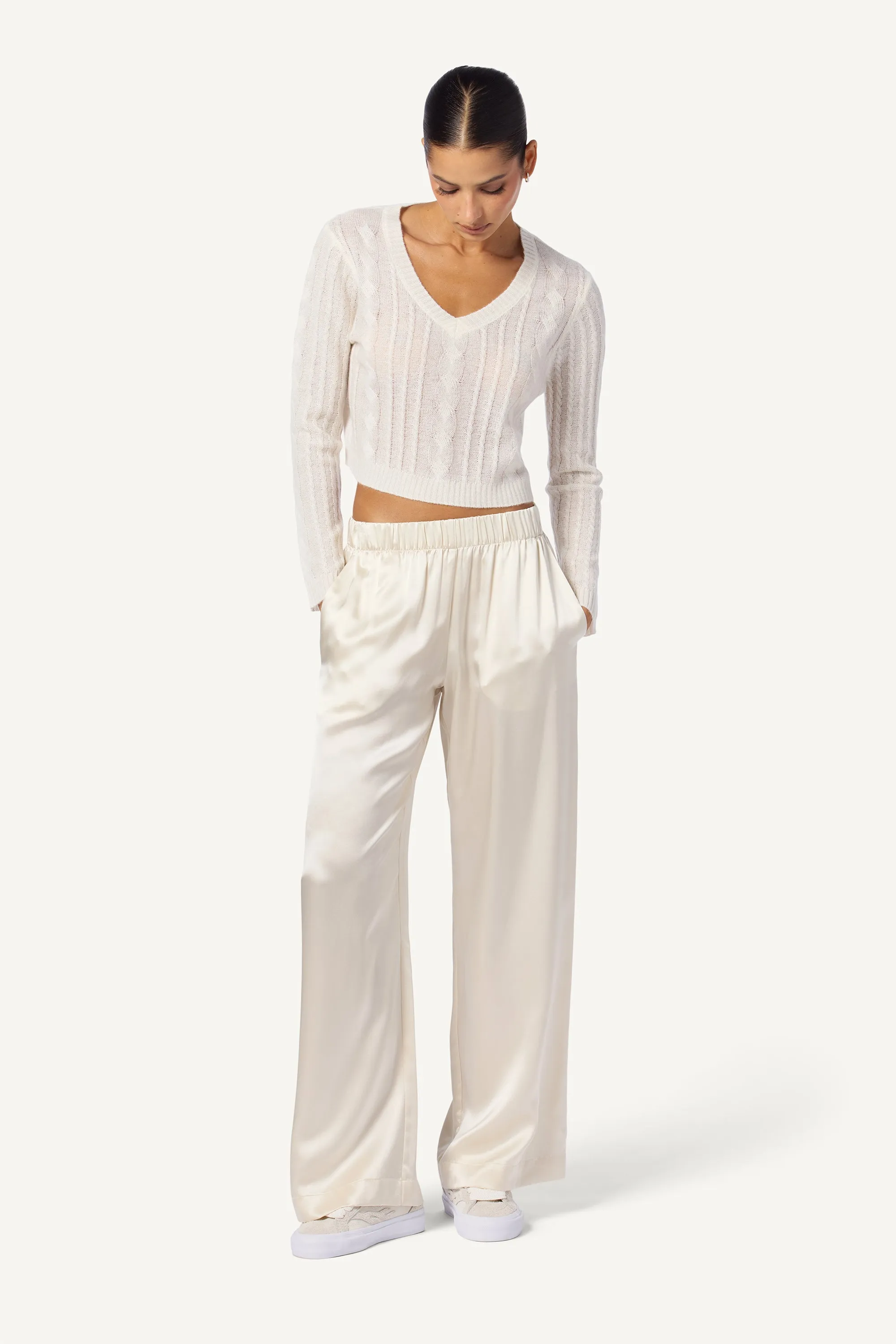 BRYNN SILK WIDE LEG PANT | GARDENIA