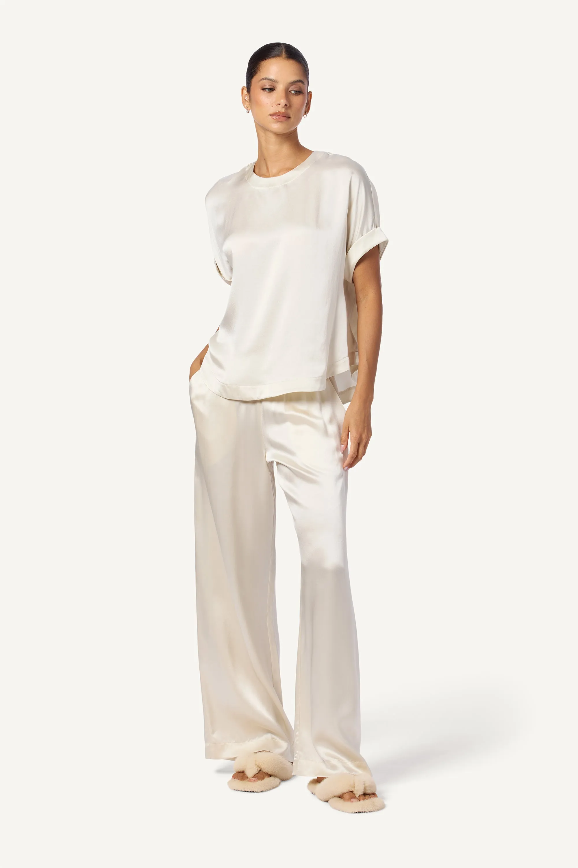 BRYNN SILK WIDE LEG PANT | GARDENIA