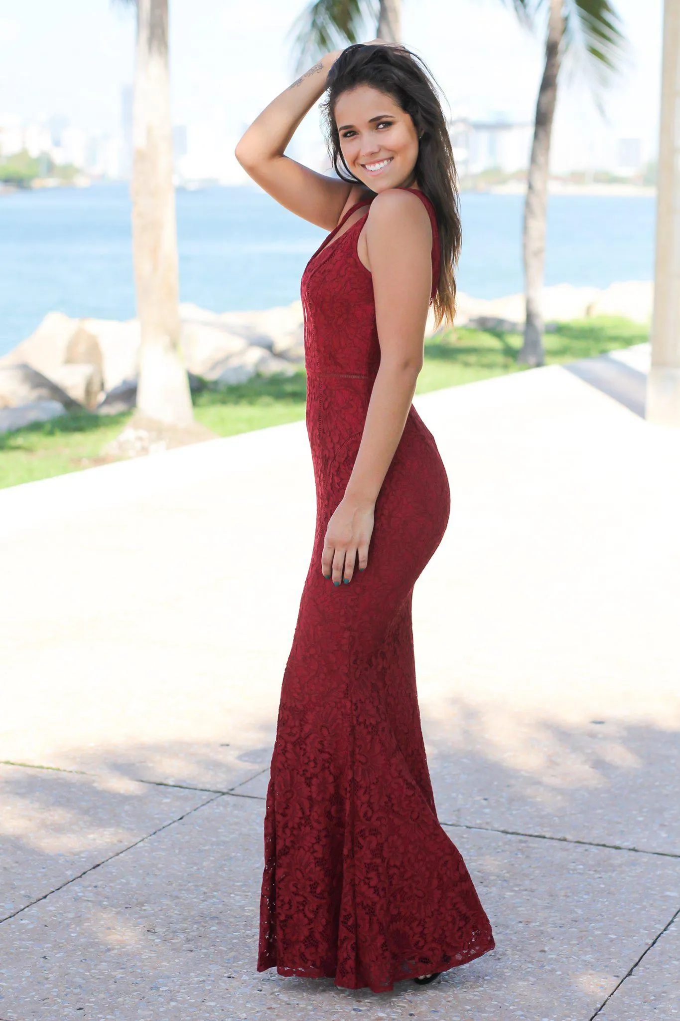 Burgundy Lace Maxi Dress with Mesh V-Neck