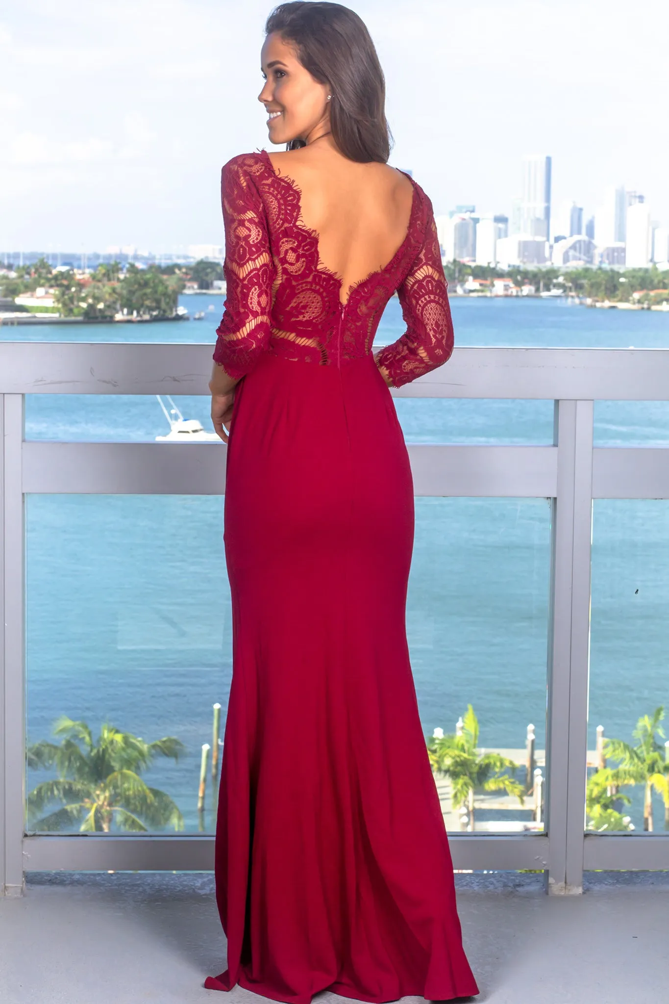 Burgundy Lace Top Maxi Dress with Silver Detail