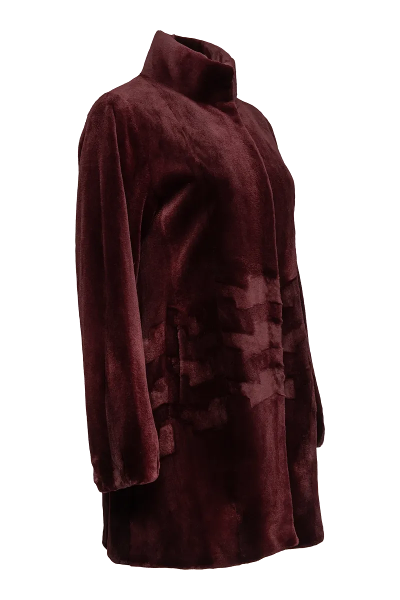 Burgundy Sheared Patterned Mid-Length Mink Fur Coat