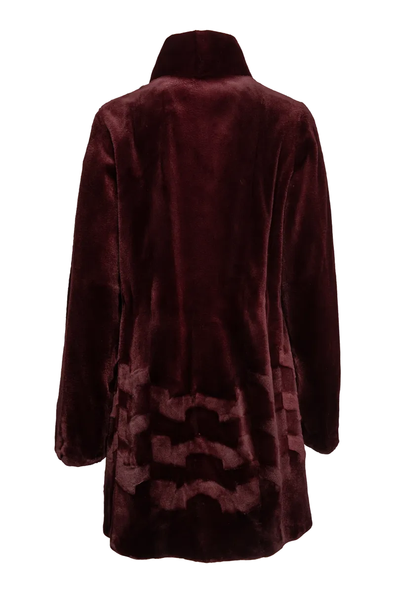 Burgundy Sheared Patterned Mid-Length Mink Fur Coat