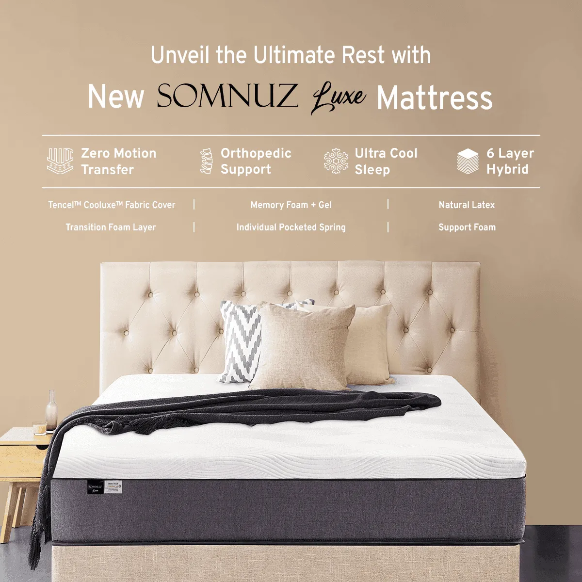 Campo Fabric Bed Frame (Water Repellent)   Somnuz™ Luxe Hybrid Cooling Mattress