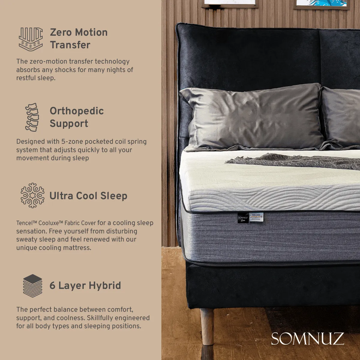 Campo Fabric Bed Frame (Water Repellent)   Somnuz™ Luxe Hybrid Cooling Mattress