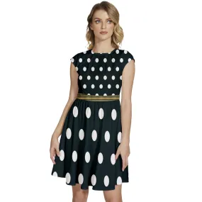 Cap Sleeve High Waist Dots Black Dress