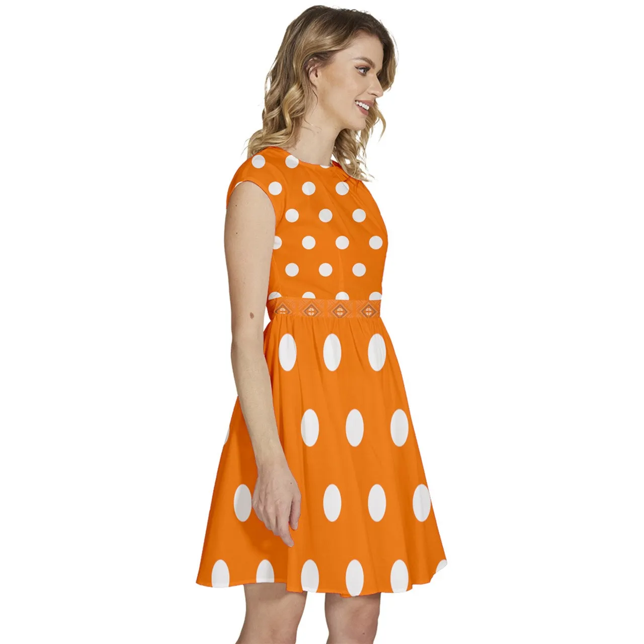 Cap Sleeve High Waist Dots Orange Dress