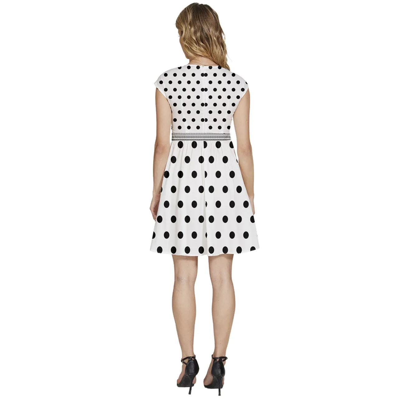 Cap Sleeve High Waist Dots White Dress