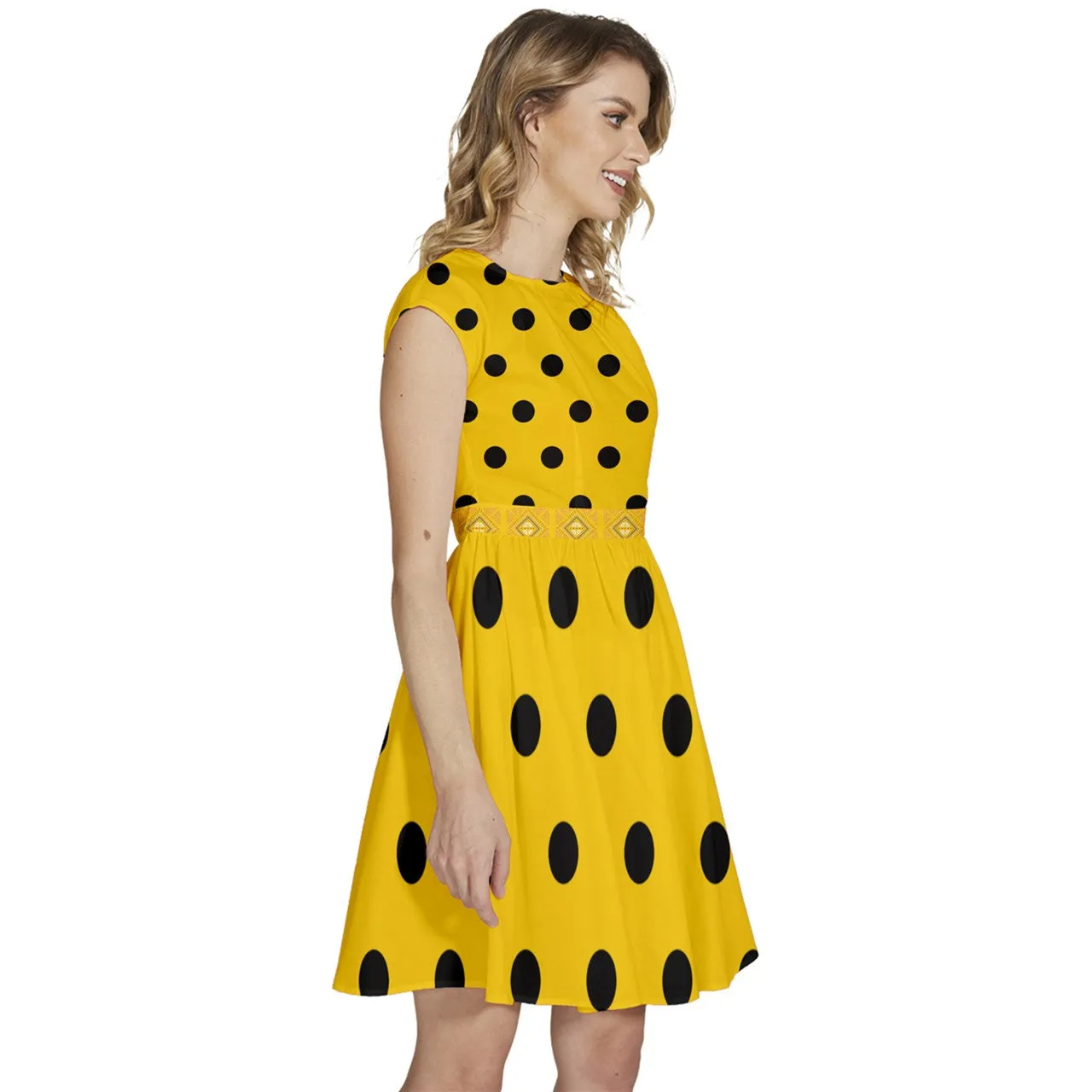 Cap Sleeve High Waist Dots Yellow Dress