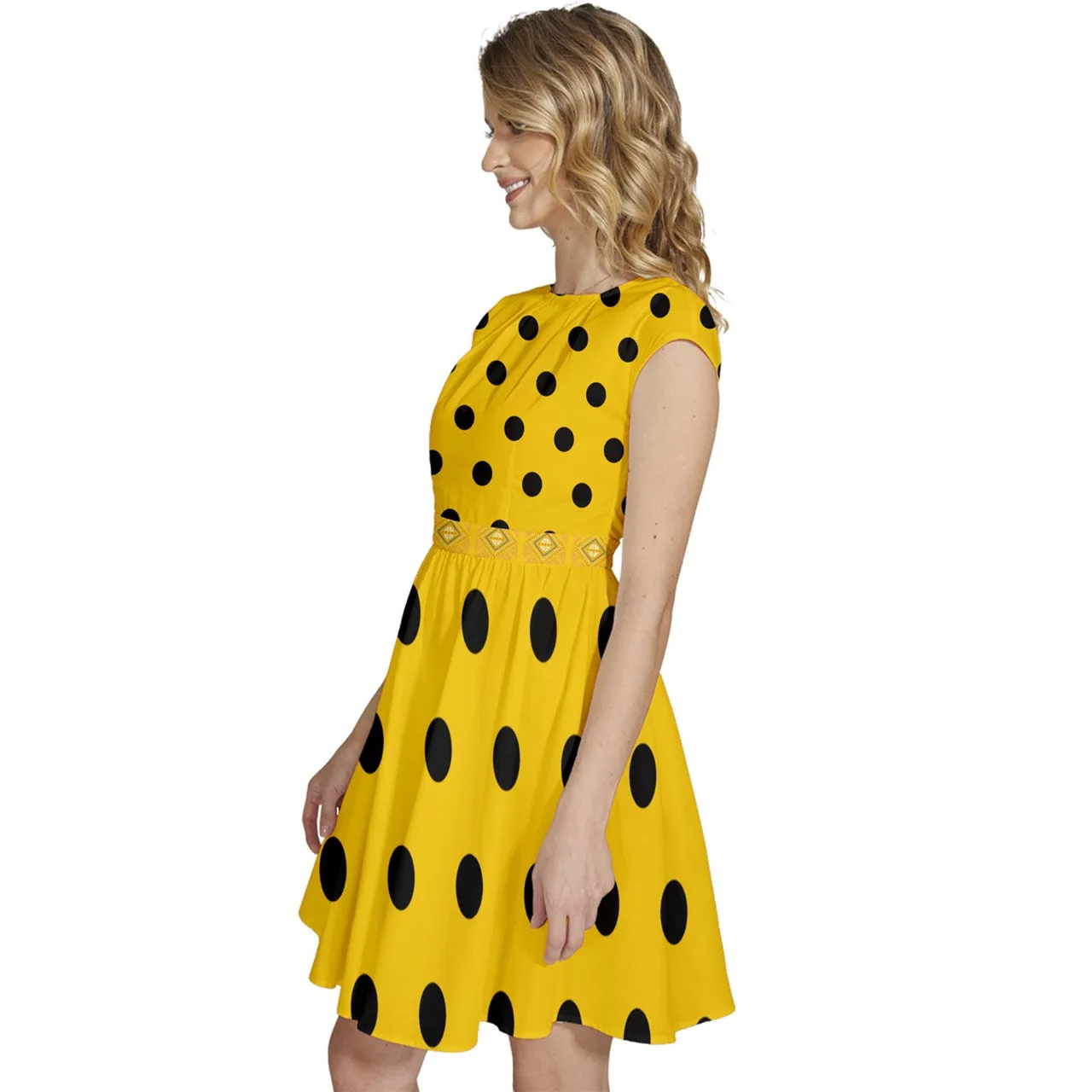 Cap Sleeve High Waist Dots Yellow Dress