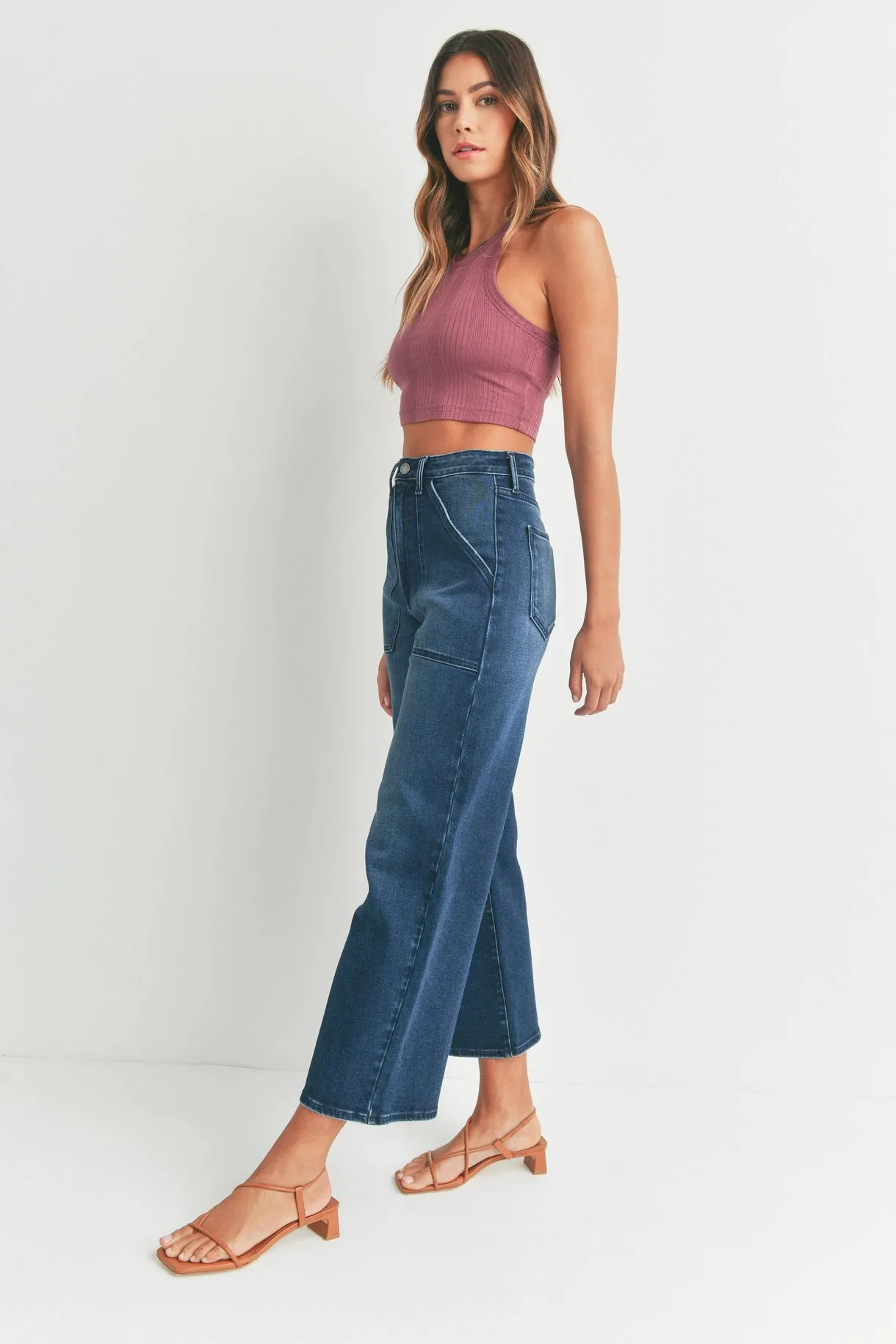 Carissa Cargo Pocket Wide Leg Jeans | Dark Blue