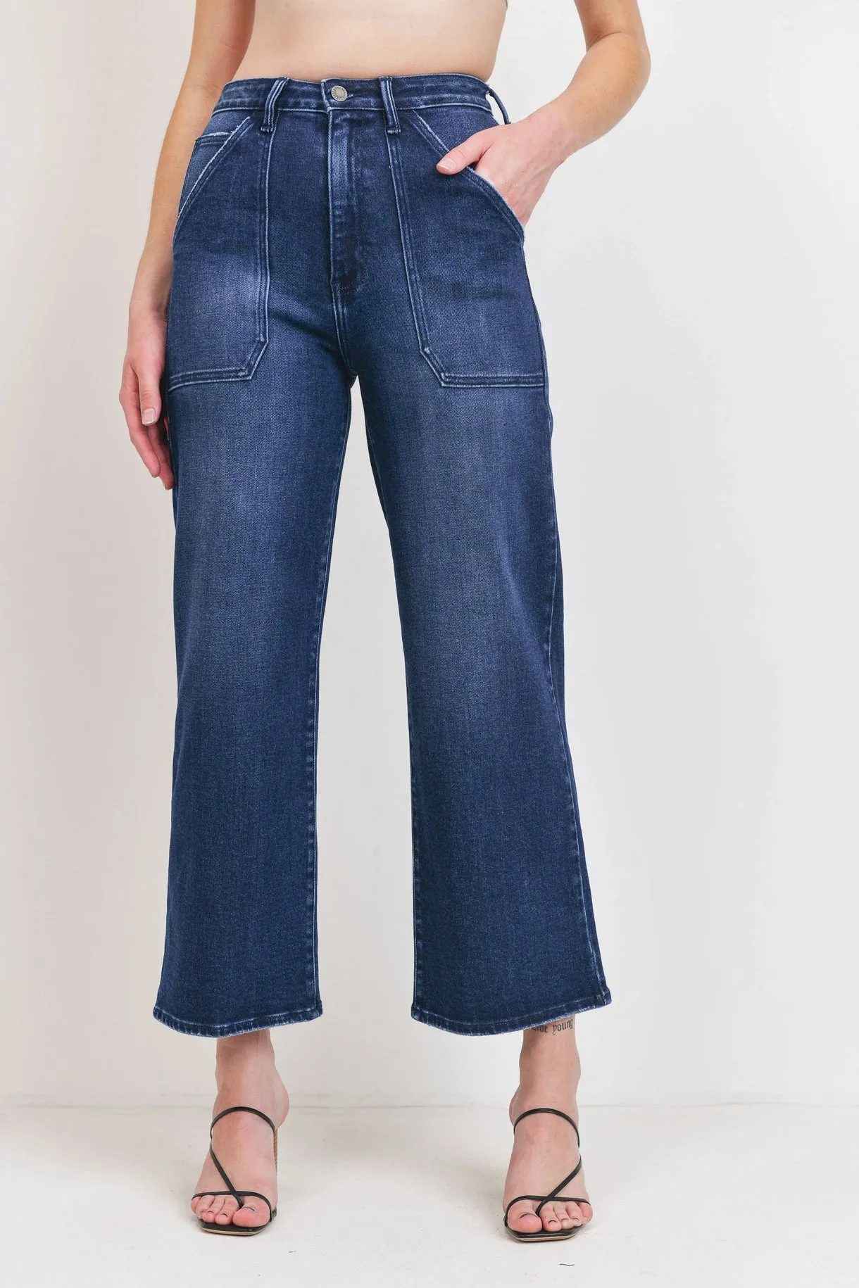 Carissa Cargo Pocket Wide Leg Jeans | Dark Blue