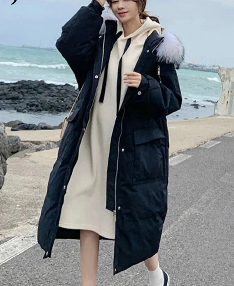 Casual Solid Color Loose Fur Hooded Female Thick Beige Black Coat Women Korean Long Parkas Winter Cotton Jacket Women