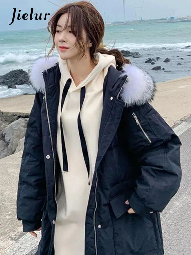 Casual Solid Color Loose Fur Hooded Female Thick Beige Black Coat Women Korean Long Parkas Winter Cotton Jacket Women