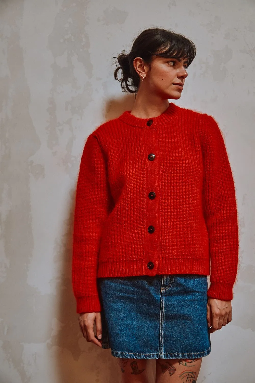 CHARLOTTE Round-Neck Cardigan in Merino-Mohair Wool - Red