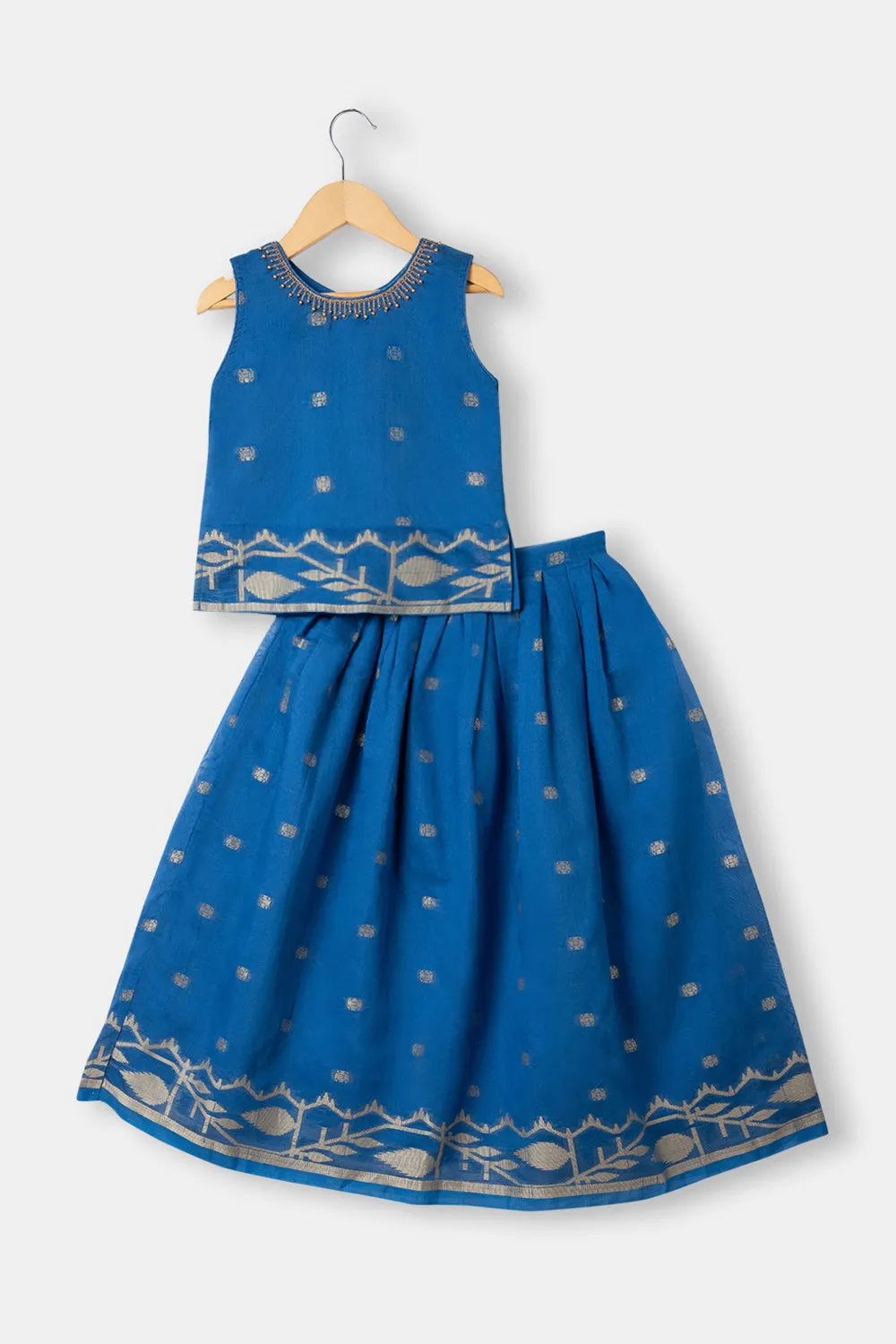 Chittythalli Girls Ethnic Pavadai Set Round Neck With Hand Embroidery Sleevless Top With Box Pleat Skirt  - Blue - PS71