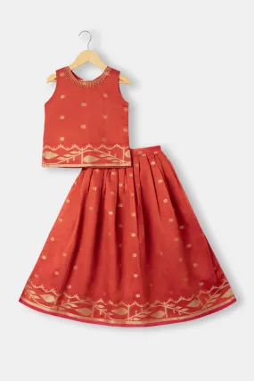 Chittythalli Girls Ethnic Pavadai Set Round Neck With Hand Embroidery Sleevless Top With Box Pleat Skirt  - Brown - PS71