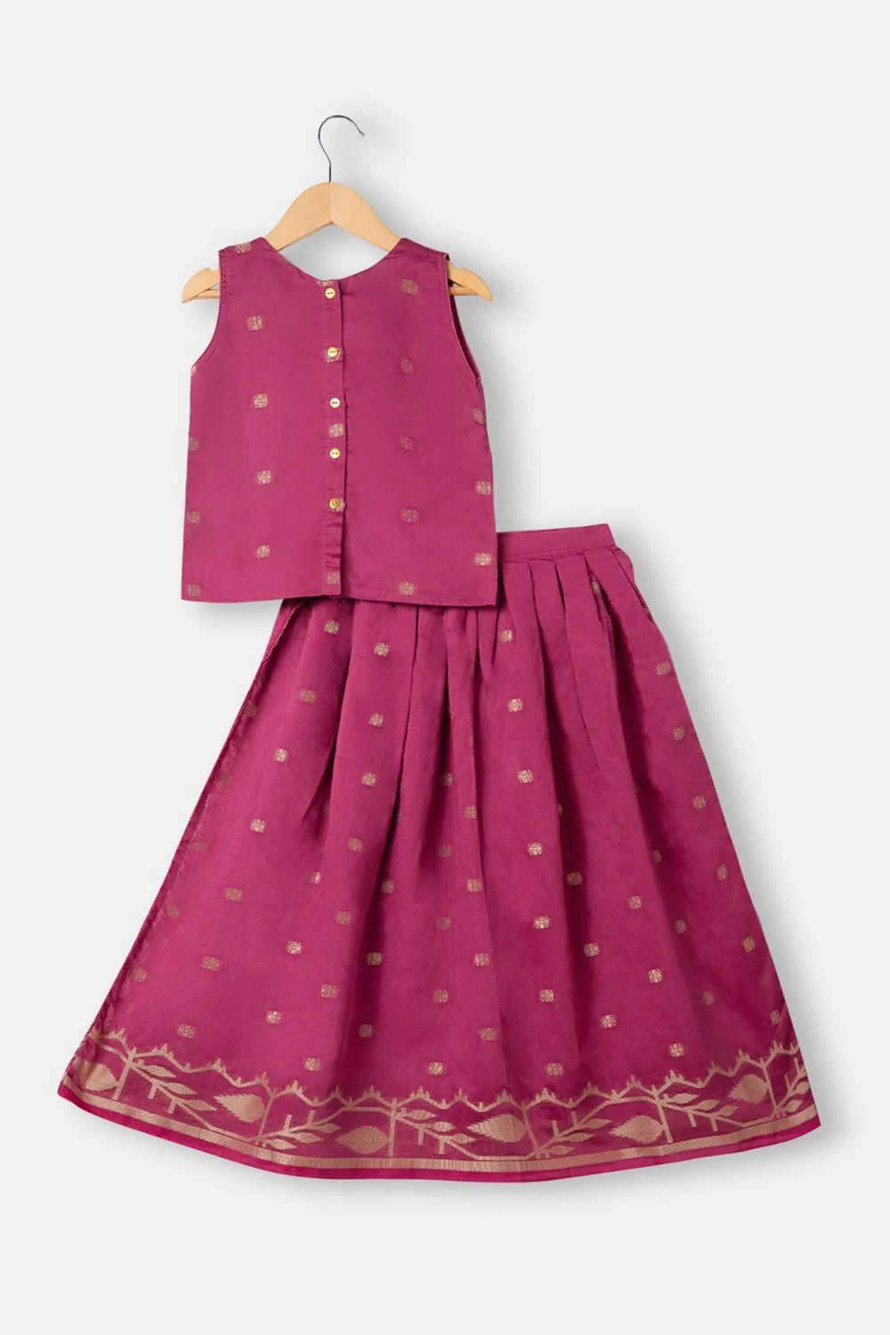 Chittythalli Girls Ethnic Pavadai Set Round Neck With Hand Embroidery Sleevless Top With Box Pleat Skirt  - Pink - PS71