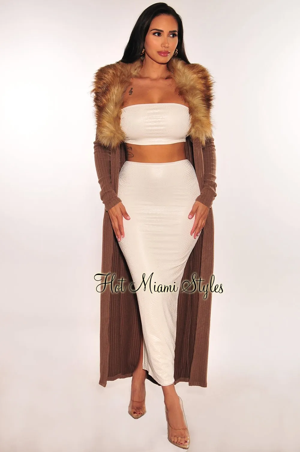 Chocolate Ribbed Knit Faux Fur Collar Long Sleeves Duster Coat