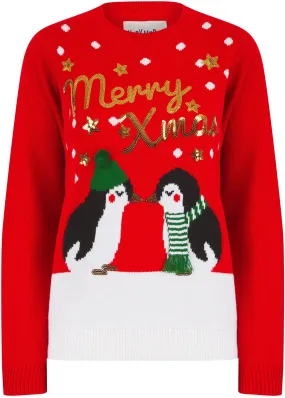 Christmas Kissing Penguin Womens Christmas Jumper - Red