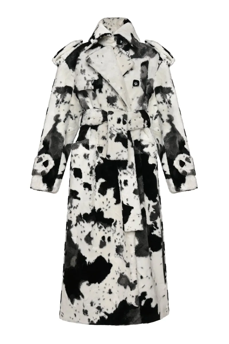 COW PRINT FAUX FUR UTILITARIAN COAT