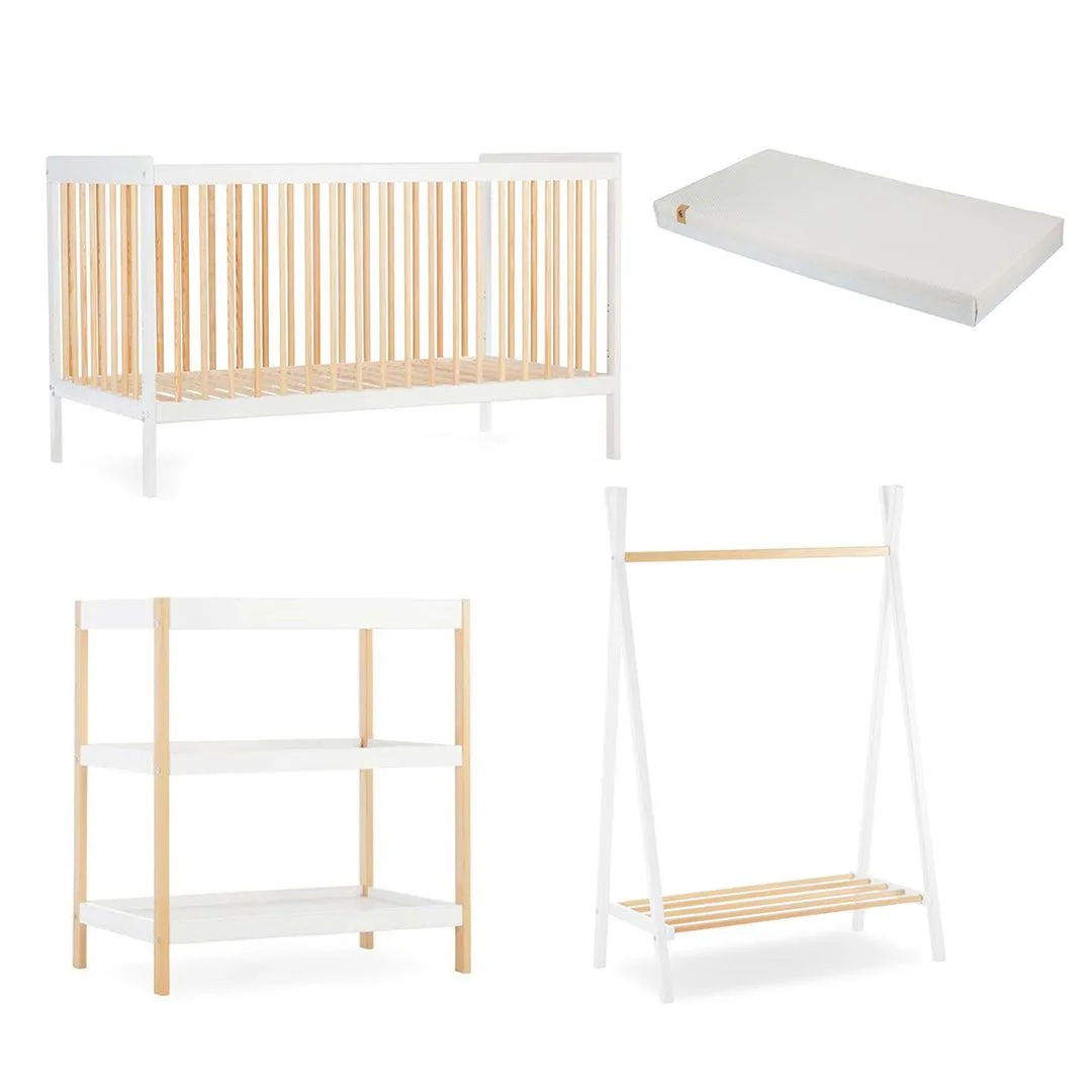 CuddleCo Nola 3 Piece Set Changer, Cot Bed   Clothes Rail - White/Natural