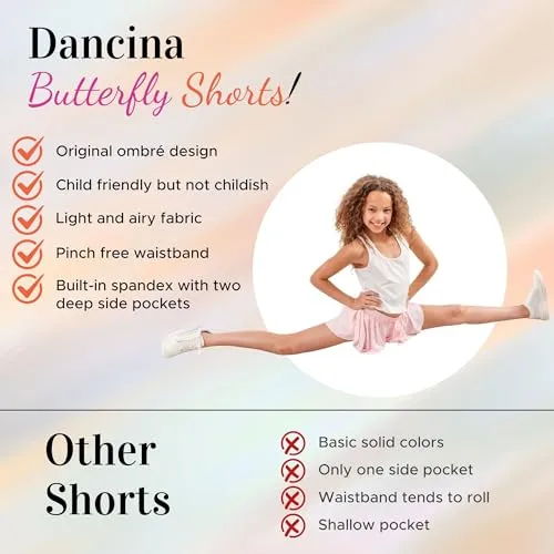 Dancina Girls Ombre Butterfly Shorts 2pack - Flowy Athletic 2-in-1 Skorts with Inner Pockets and Liner for Kids Ages 2-16