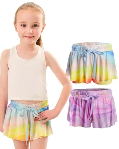 Dancina Girls Ombre Butterfly Shorts 2pack - Flowy Athletic 2-in-1 Skorts with Inner Pockets and Liner for Kids Ages 2-16