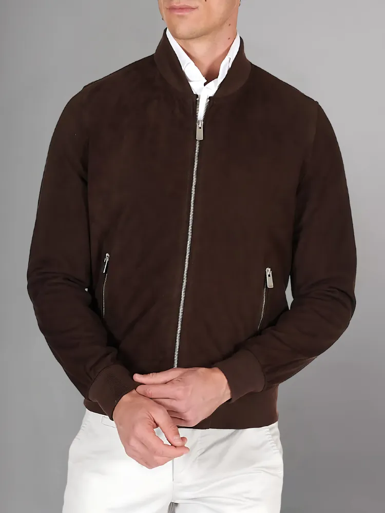 Dark brown suede leather bomber jacket