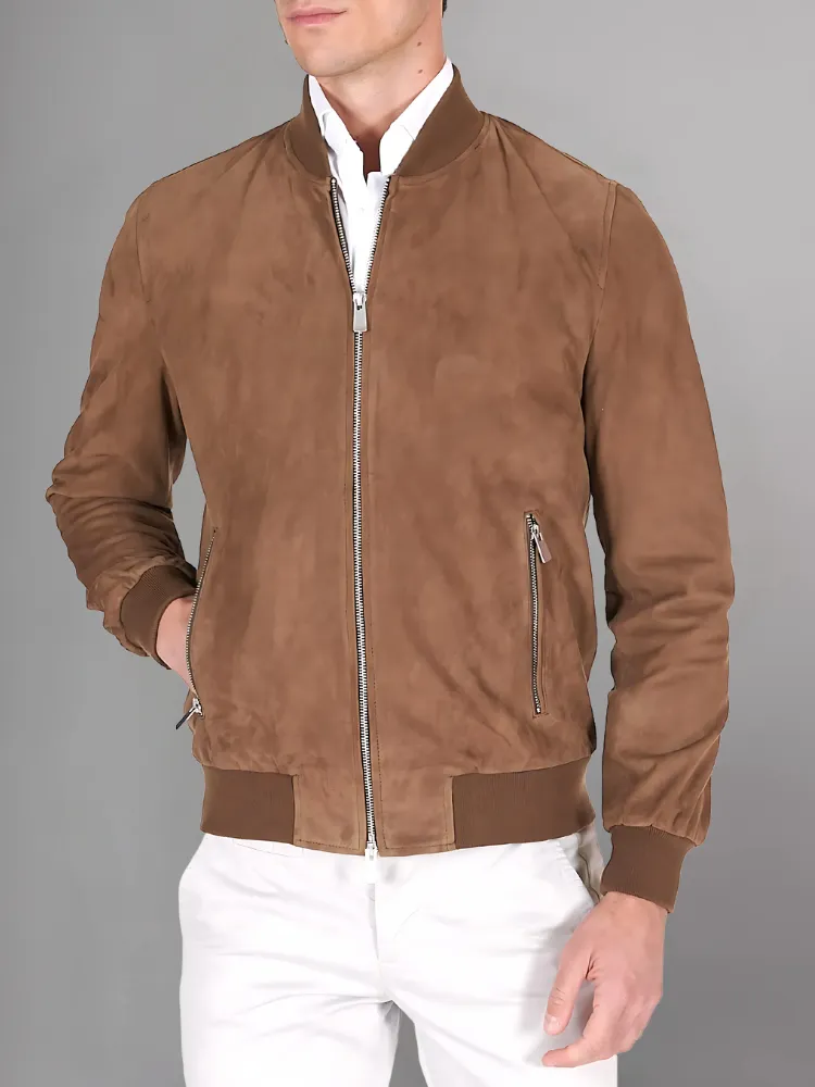 Dark brown suede leather bomber jacket