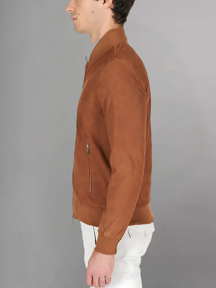 Dark brown suede leather bomber jacket