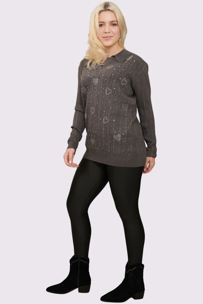 Diamante Heart Pattern Knitted Jumper