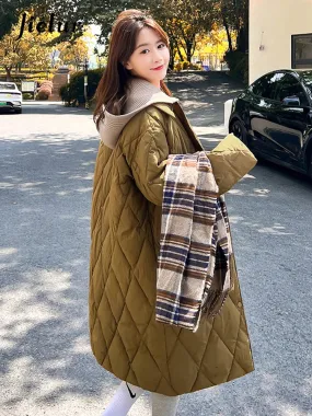 Diamond Plaid Cotton Padded Jacket for Women White Parkas New Detachable Knitted Hat Knee Length Coffee Pink Coat S-L