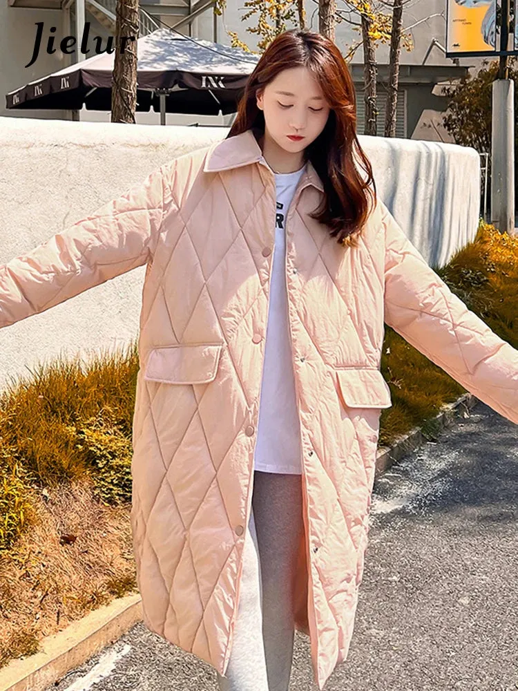 Diamond Plaid Cotton Padded Jacket for Women White Parkas New Detachable Knitted Hat Knee Length Coffee Pink Coat S-L