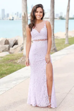 Dusty Lavender Lace Maxi Dress with Mesh Detail