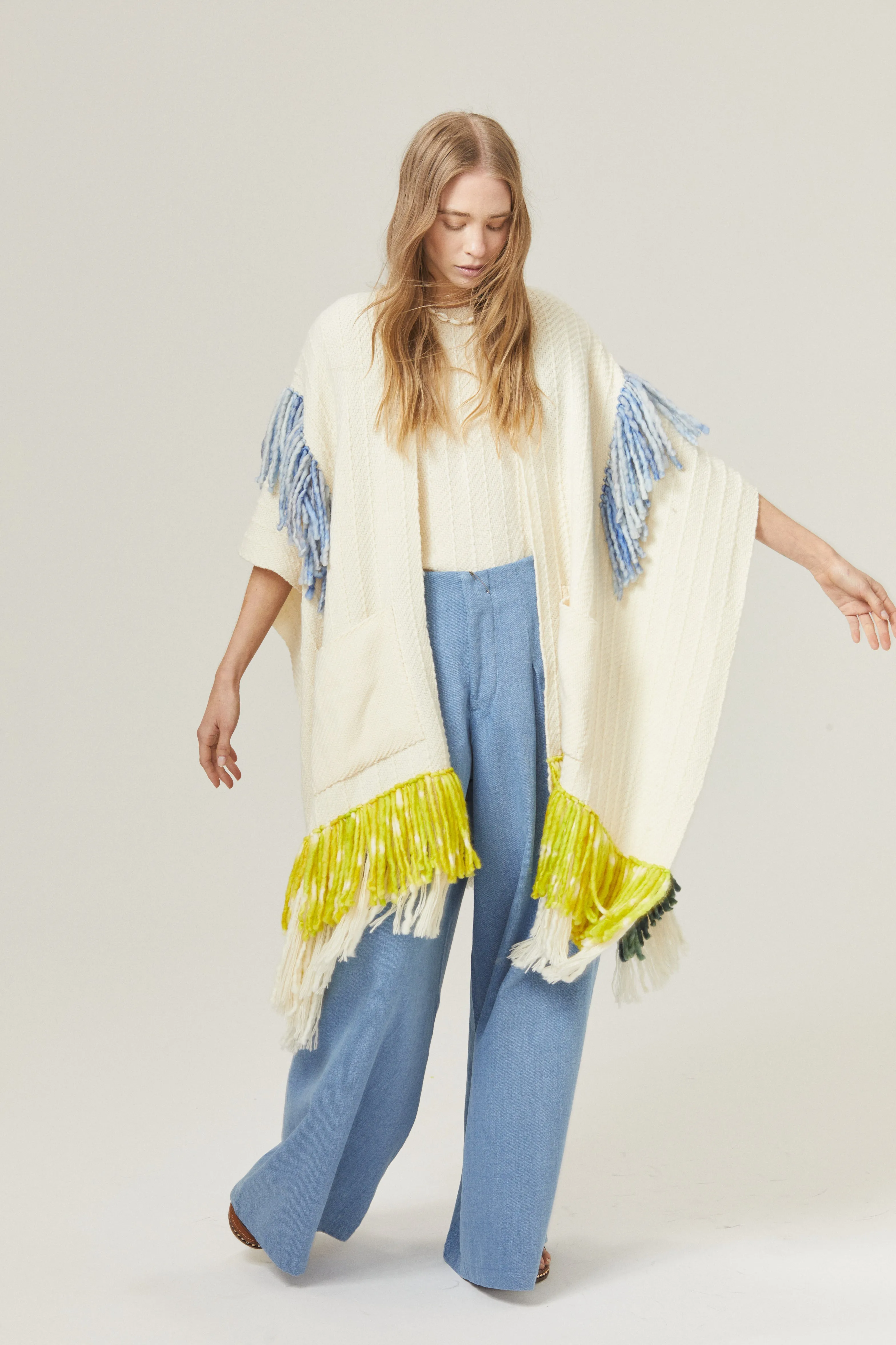 Emma Merino Wool Poncho - Natural with Lime, Light Blue and Green