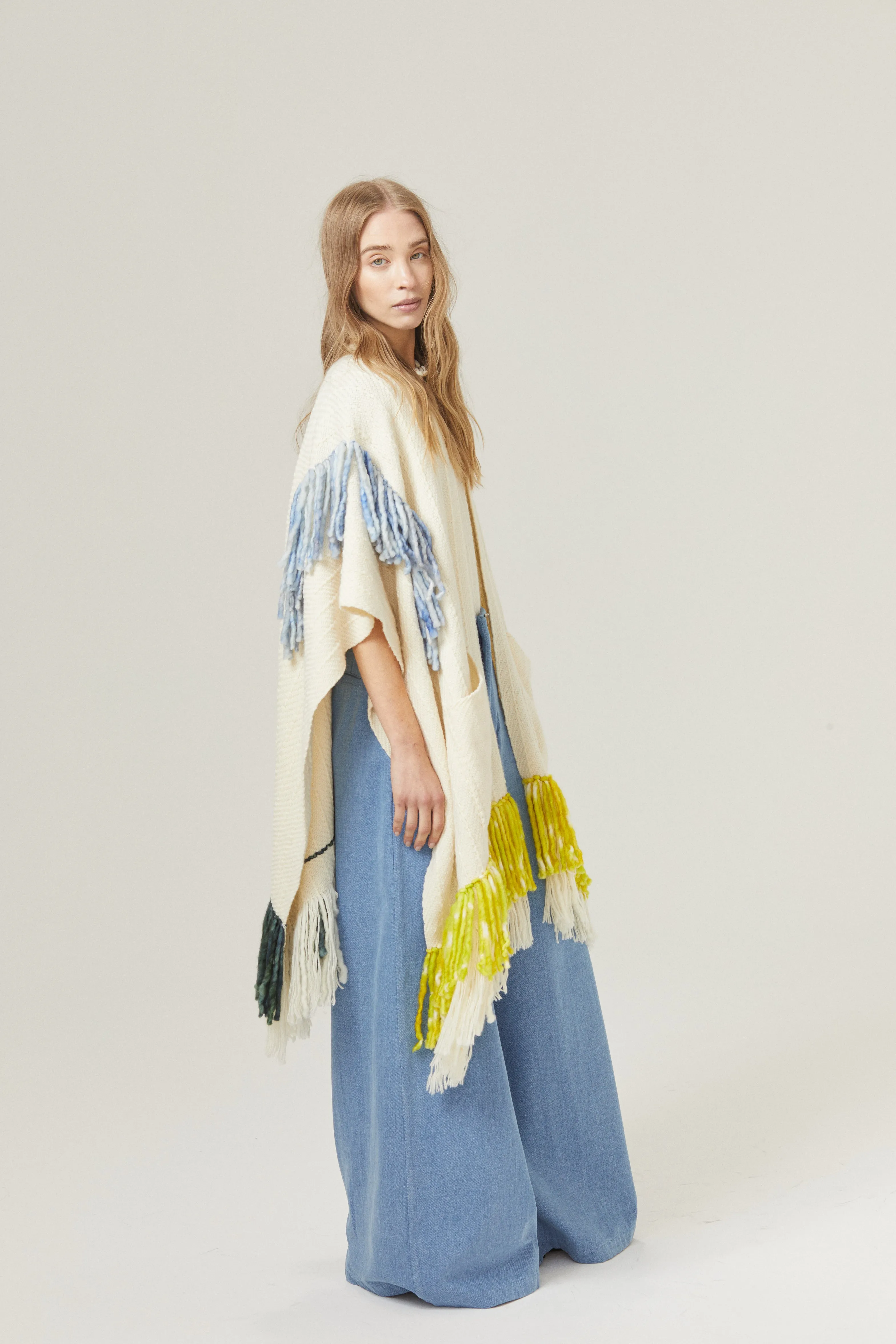 Emma Merino Wool Poncho - Natural with Lime, Light Blue and Green