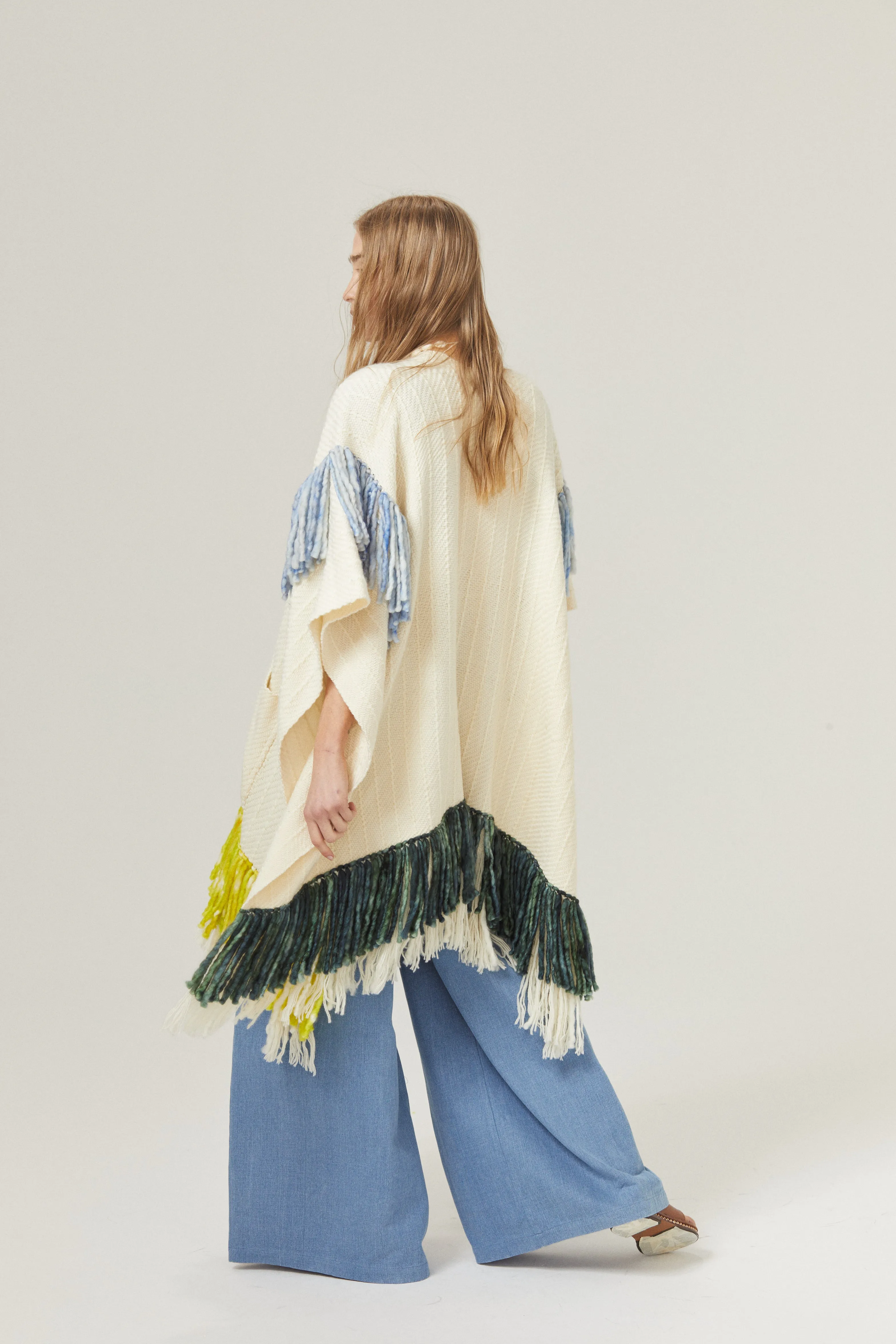 Emma Merino Wool Poncho - Natural with Lime, Light Blue and Green