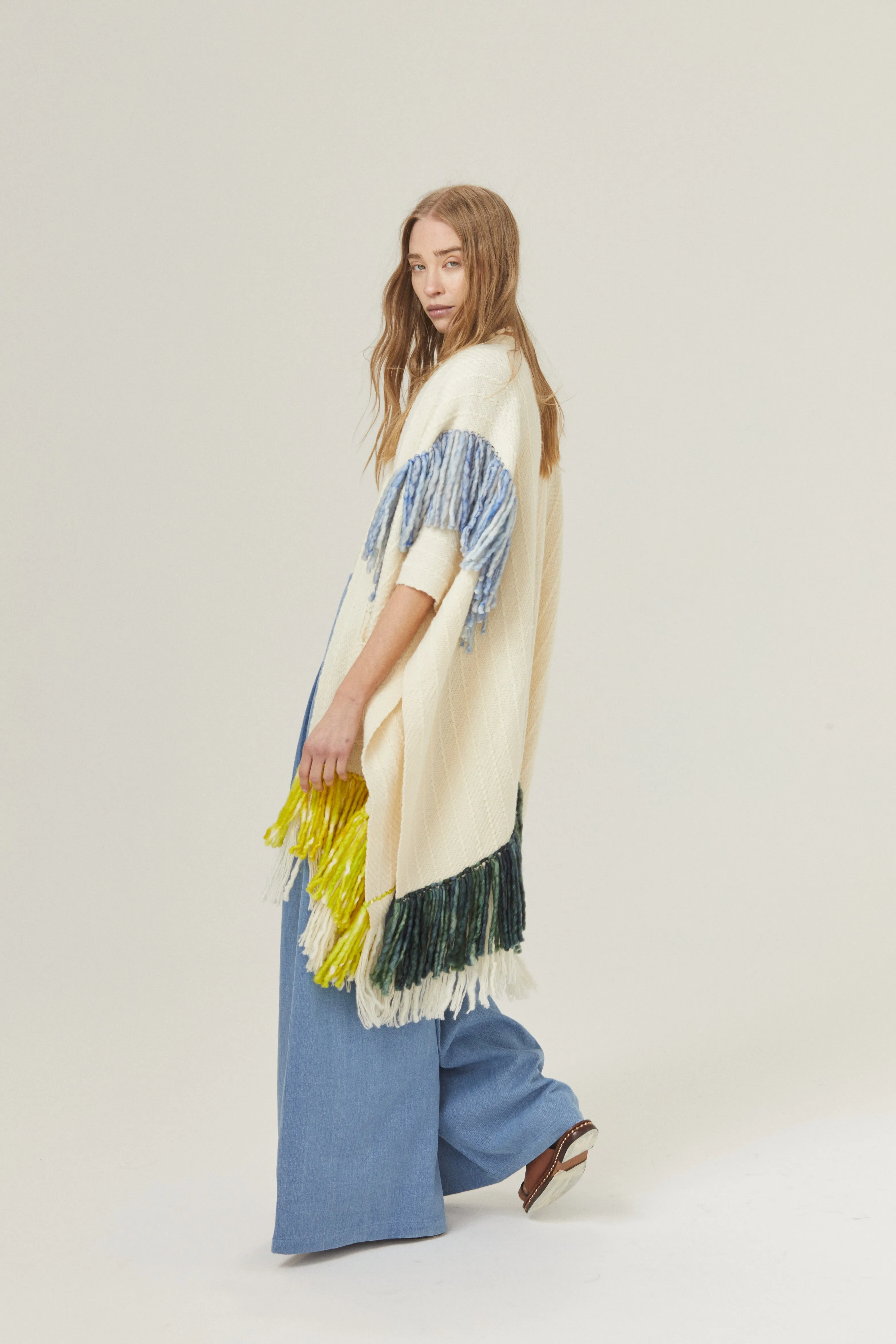 Emma Merino Wool Poncho - Natural with Lime, Light Blue and Green