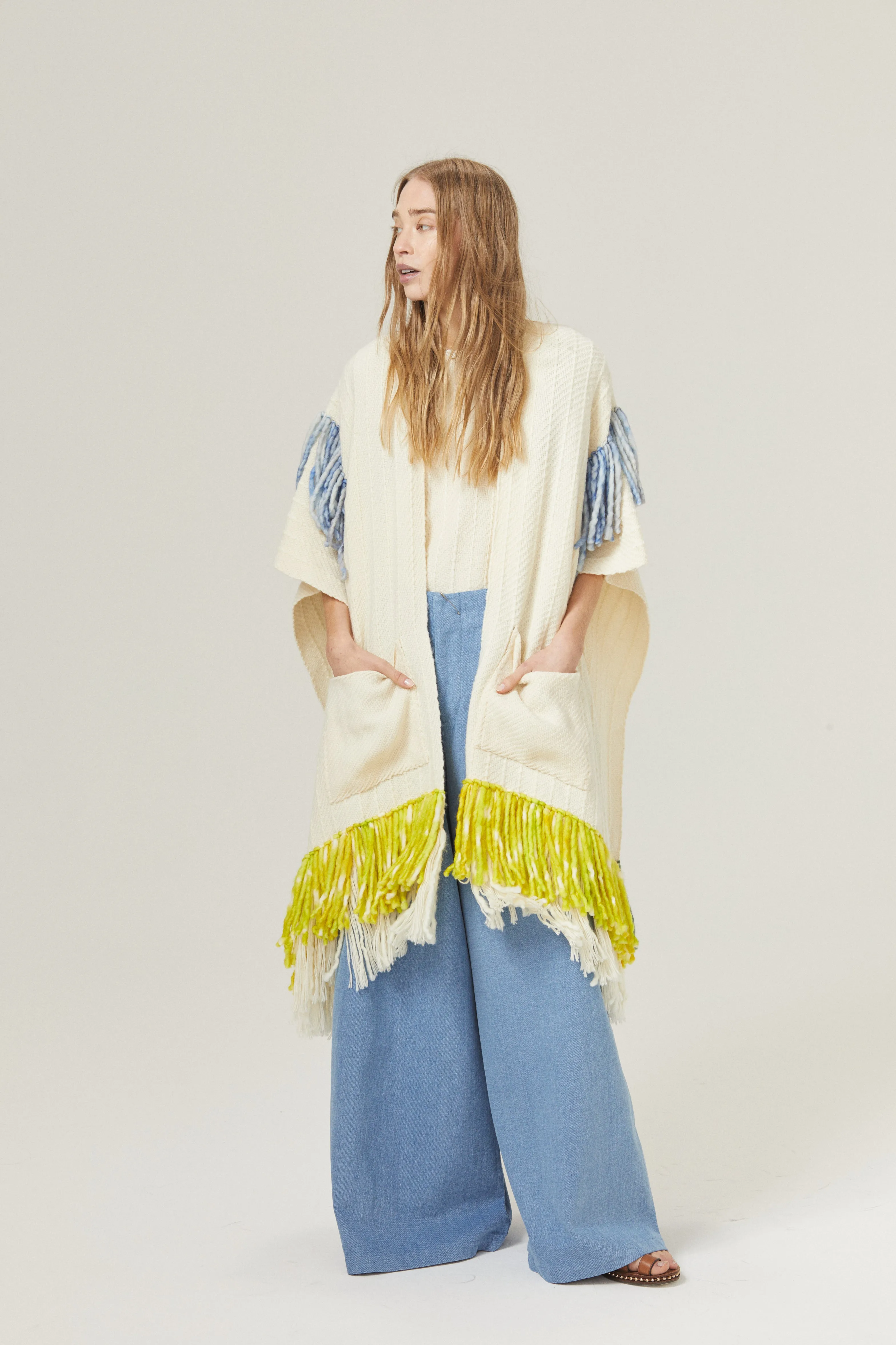 Emma Merino Wool Poncho - Natural with Lime, Light Blue and Green