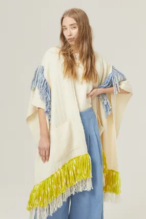 Emma Merino Wool Poncho - Natural with Lime, Light Blue and Green