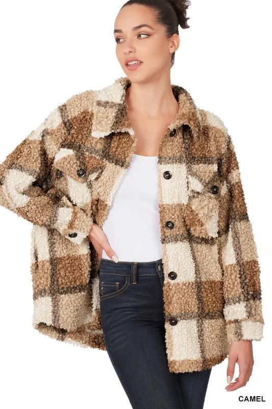 Fall Feelings Plaid Sherpa Shacket - Caramel Mix