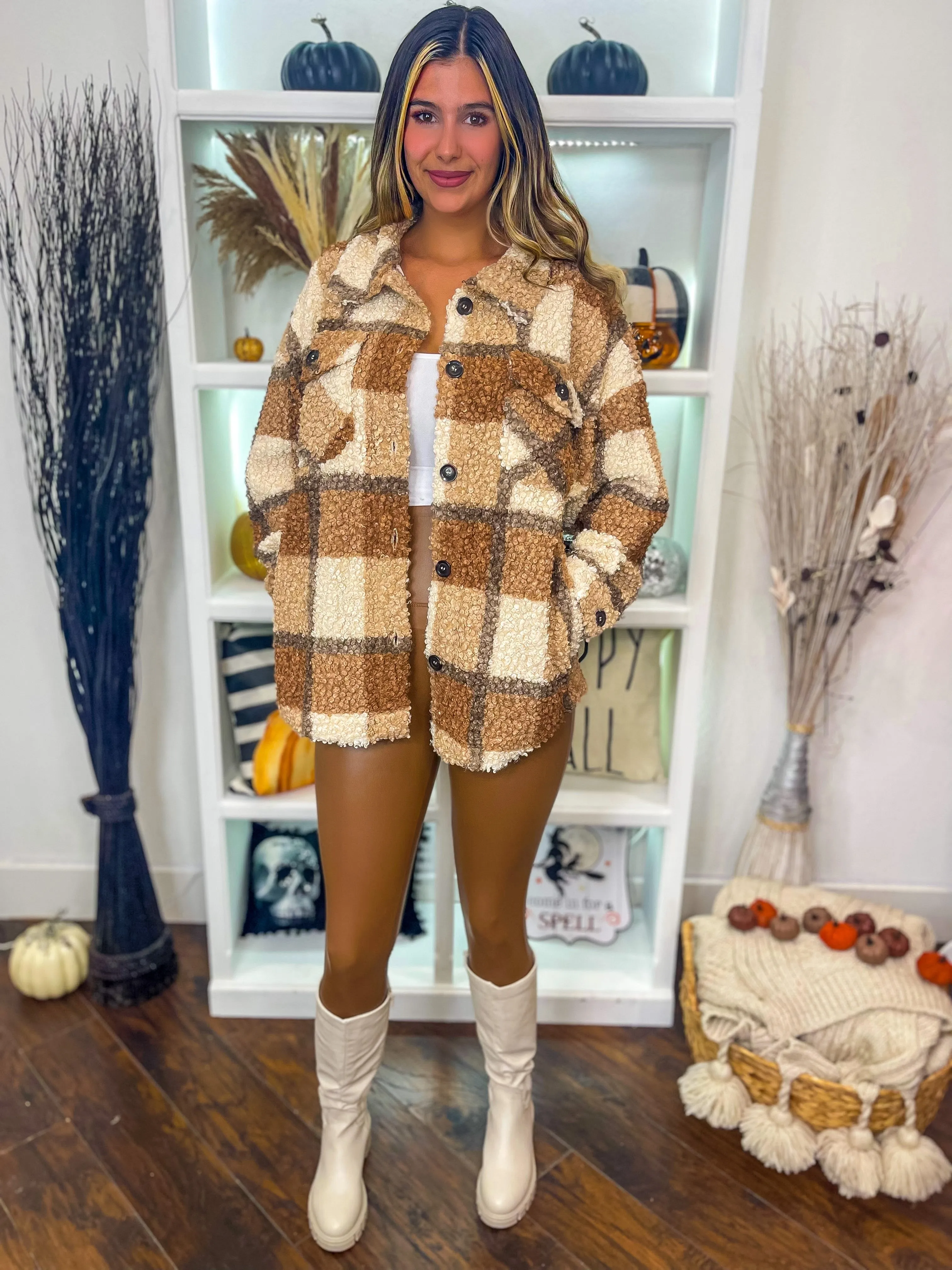 Fall Feelings Plaid Sherpa Shacket - Caramel Mix