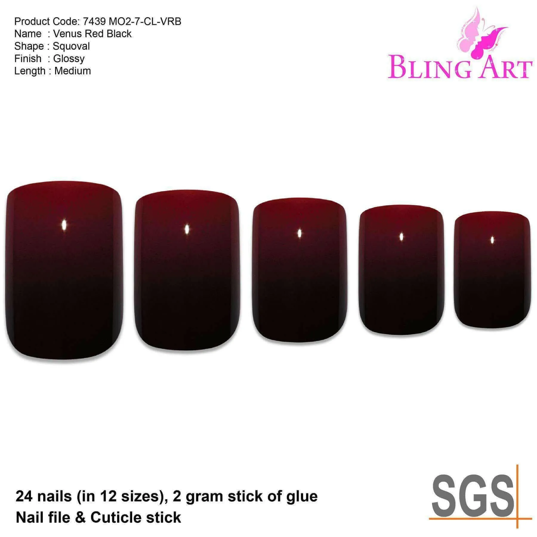 False Nails by Bling Art Red Black French Squoval 24 Fake Medium