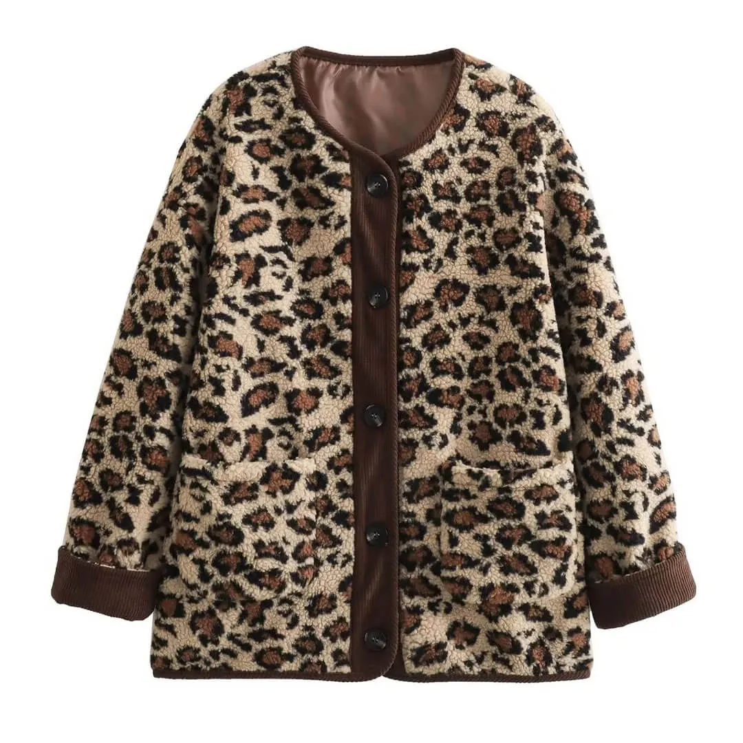 Fashion Crew Neck Button Up Long Sleeve Oversized Faux Fur Leopard Jacket