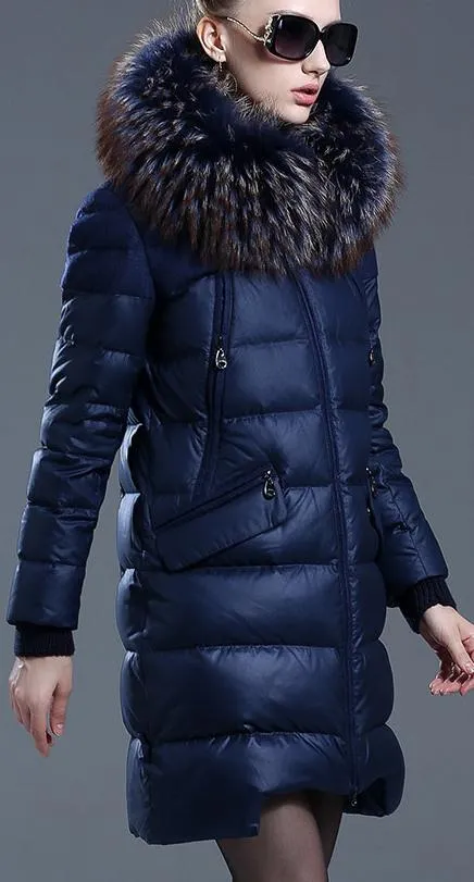 Fur-Hooded Down Puffer Coat, Blue