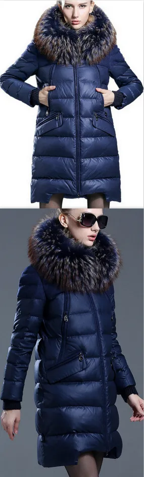 Fur-Hooded Down Puffer Coat, Blue