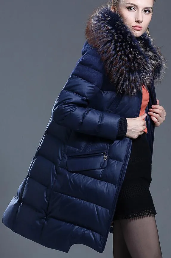 Fur-Hooded Down Puffer Coat, Blue