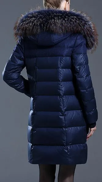 Fur-Hooded Down Puffer Coat, Blue