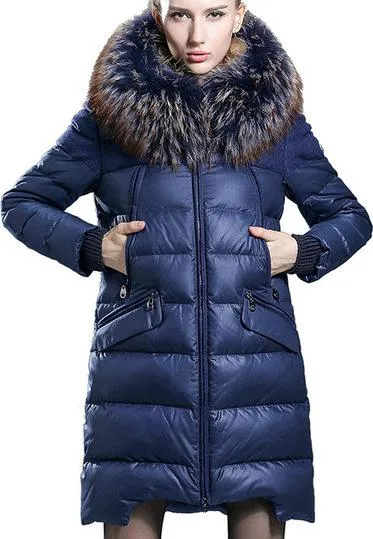 Fur-Hooded Down Puffer Coat, Blue