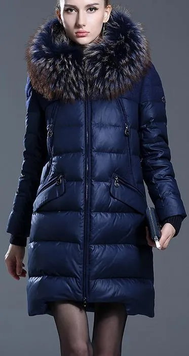 Fur-Hooded Down Puffer Coat, Blue